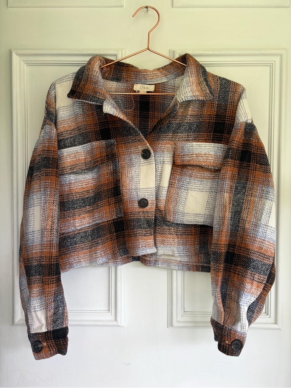 Elan Cropped Teddy Plaid Jacket in Brown and Cream